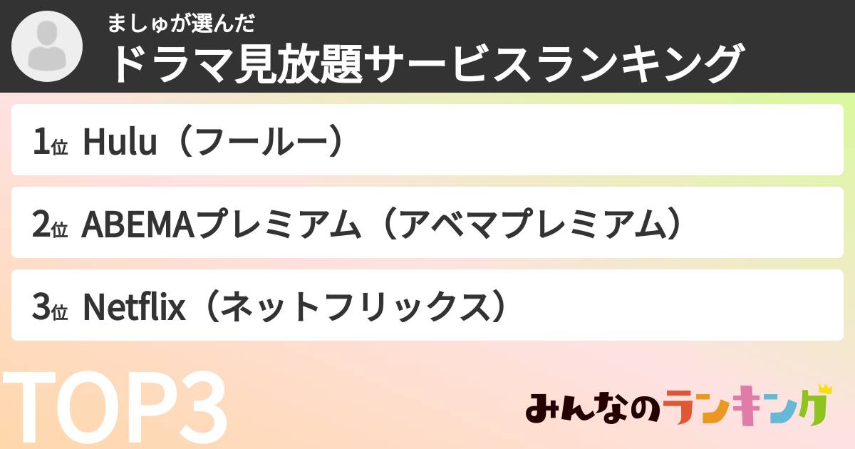 ましゅさんの「ドラマ見放題サービスランキング」