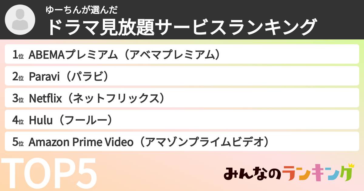 ゆーちんさんの「ドラマ見放題サービスランキング」