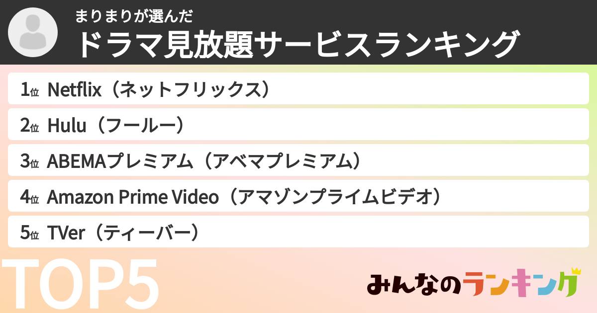 まりまりさんの「ドラマ見放題サービスランキング」