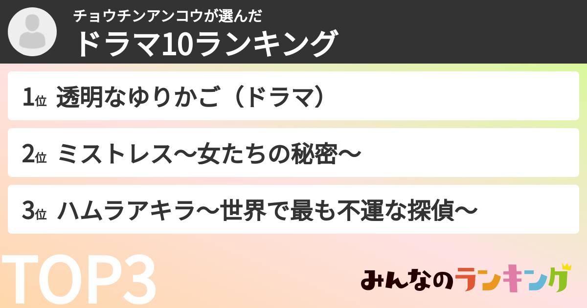 チョウチンアンコウさんの「ドラマ10ランキング」