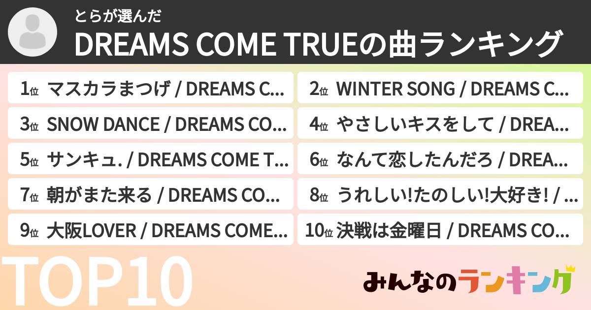 とらさんの「DREAMS COME TRUEの曲ランキング」