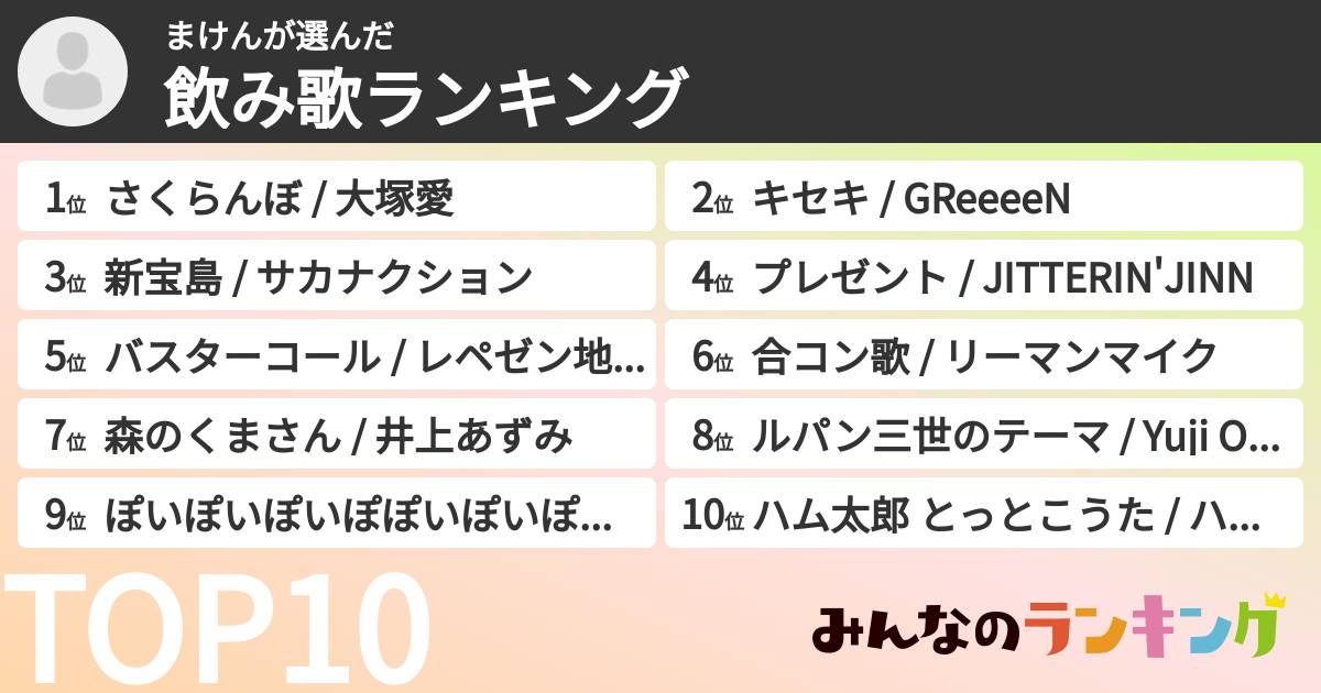 まけんさんの「飲み歌ランキング」
