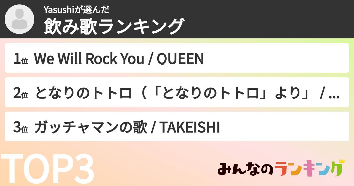 Yasushiさんの「飲み歌ランキング」