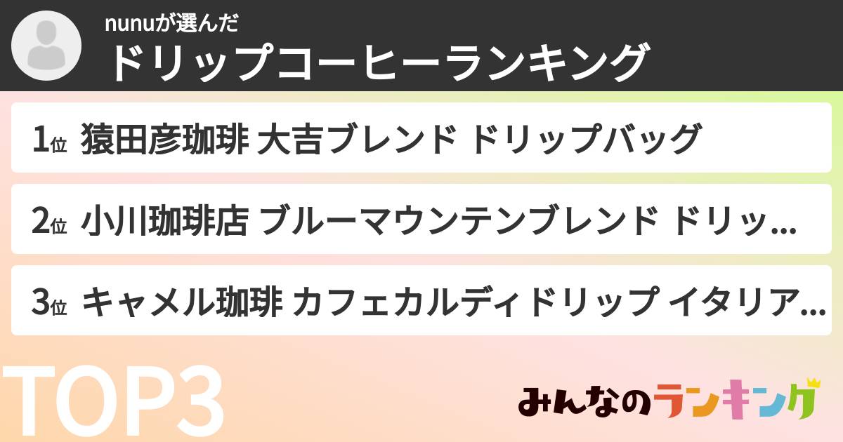 nunuさんの「ドリップコーヒーランキング」