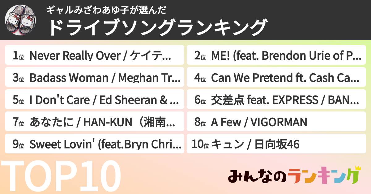 ギャルみざわあゆ子さんの「ドライブソングランキング」