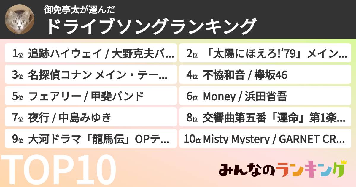 御免亭太さんの「ドライブソングランキング」