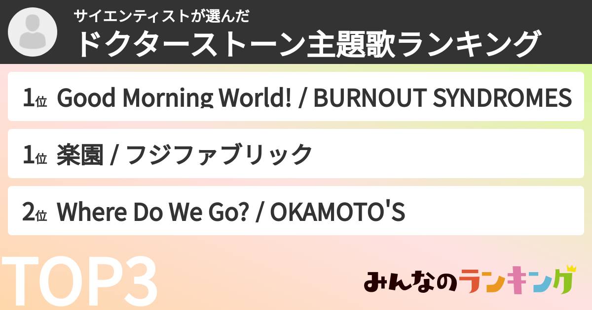 サイエンティストさんの「ドクターストーン主題歌ランキング」