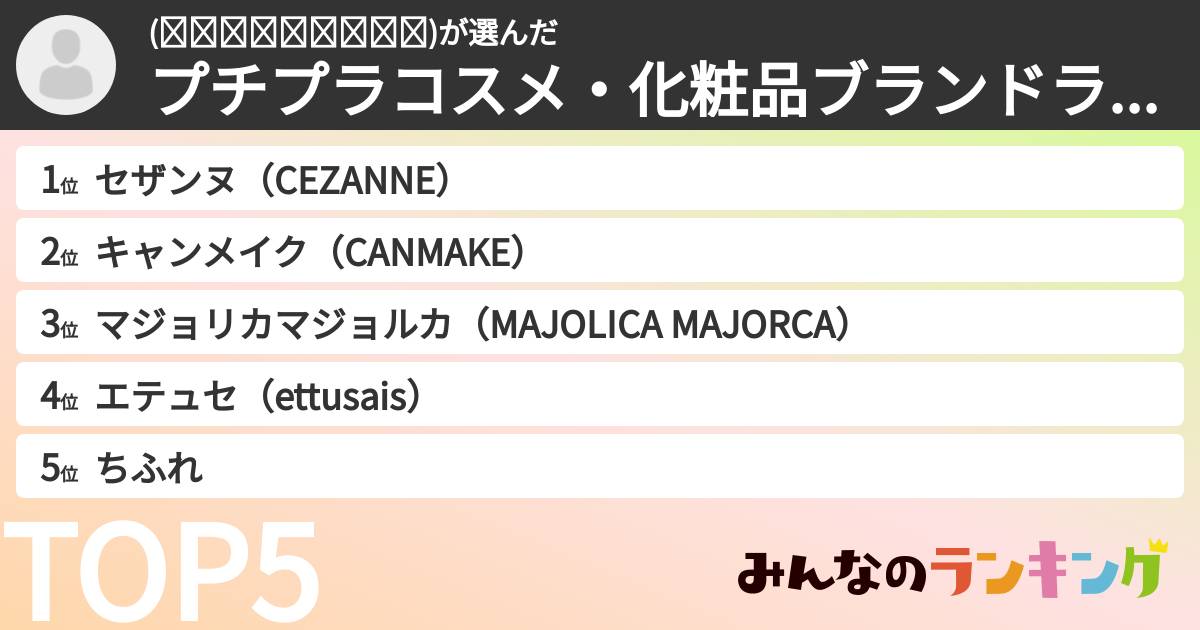 (⁎⁍̴̛ᴗ⁍̴̛⁎)さんの「プチプラコスメ・化粧品ブランドランキング」