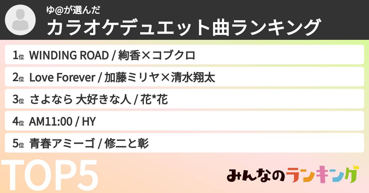 ゆ@さんの「カラオケデュエット曲ランキング」