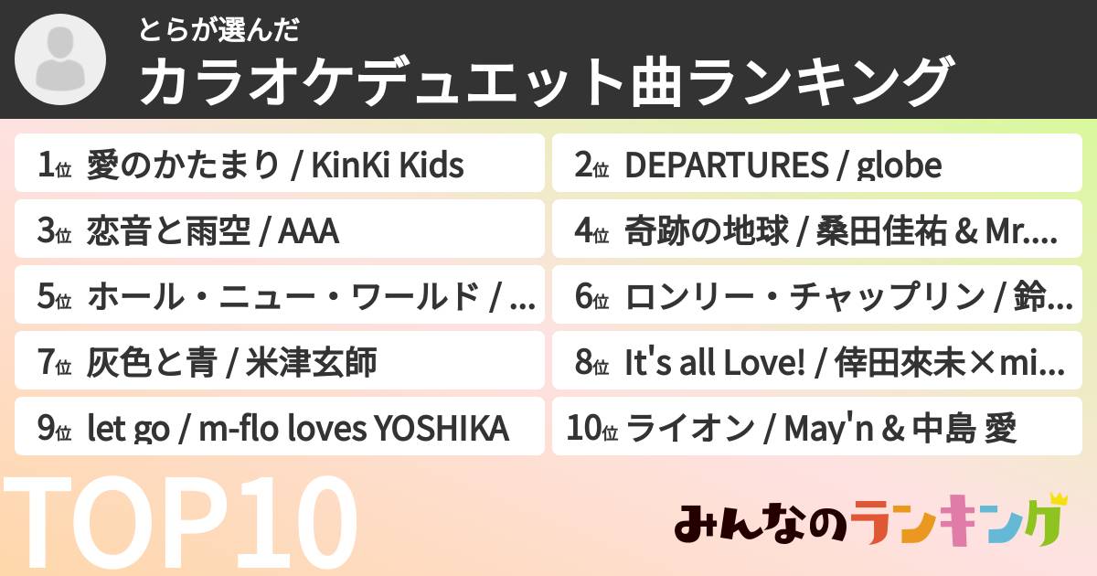 とらさんの「カラオケデュエット曲ランキング」