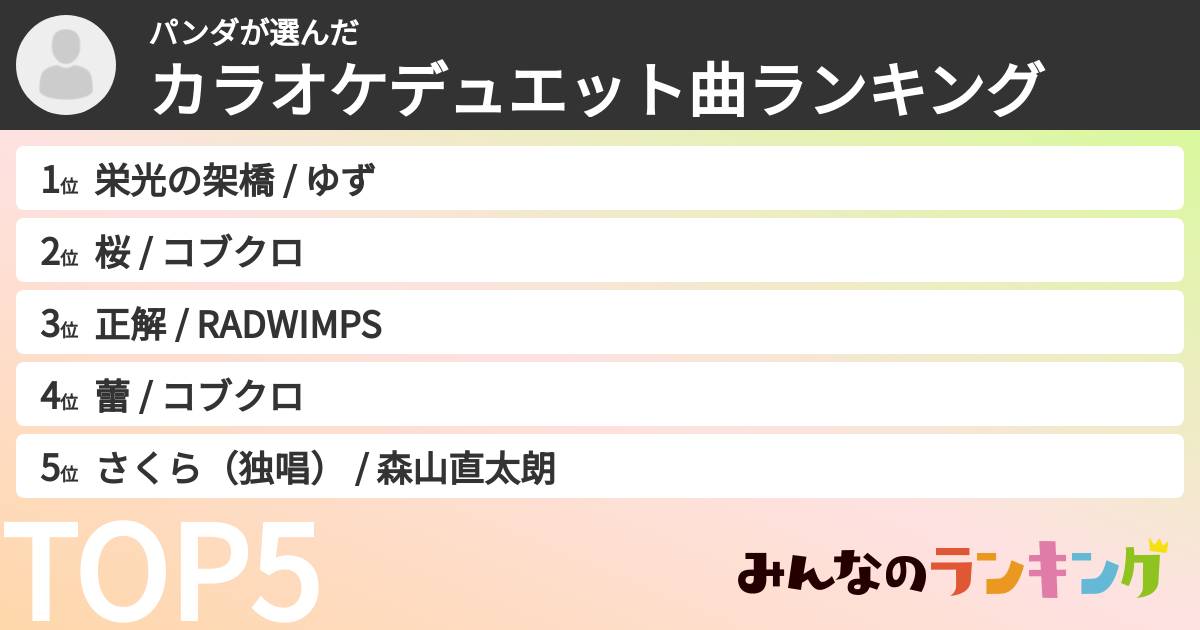 パンダさんの「カラオケデュエット曲ランキング」
