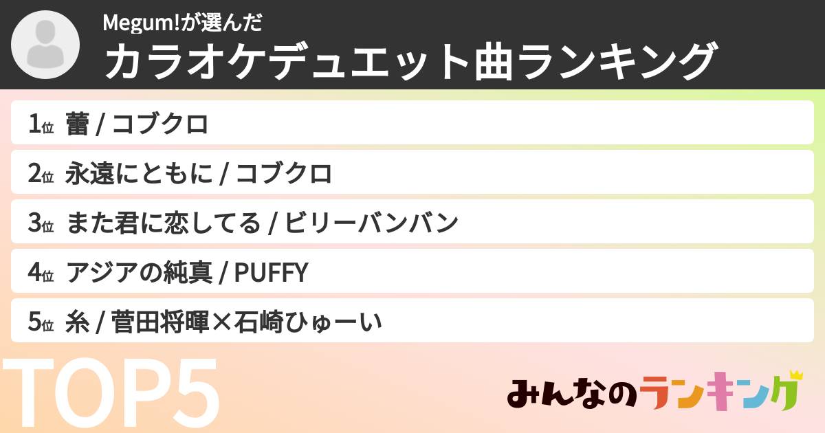 Megum!さんの「カラオケデュエット曲ランキング」
