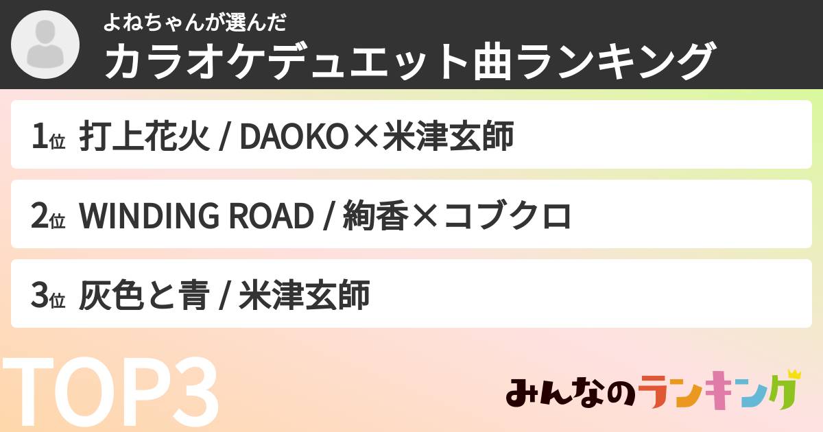 よねちゃんさんの「カラオケデュエット曲ランキング」