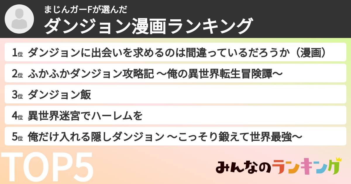 まじんガーFさんの「ダンジョン漫画ランキング」