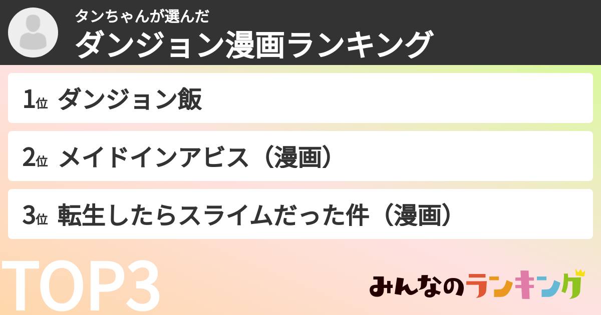 タンちゃんさんの「ダンジョン漫画ランキング」