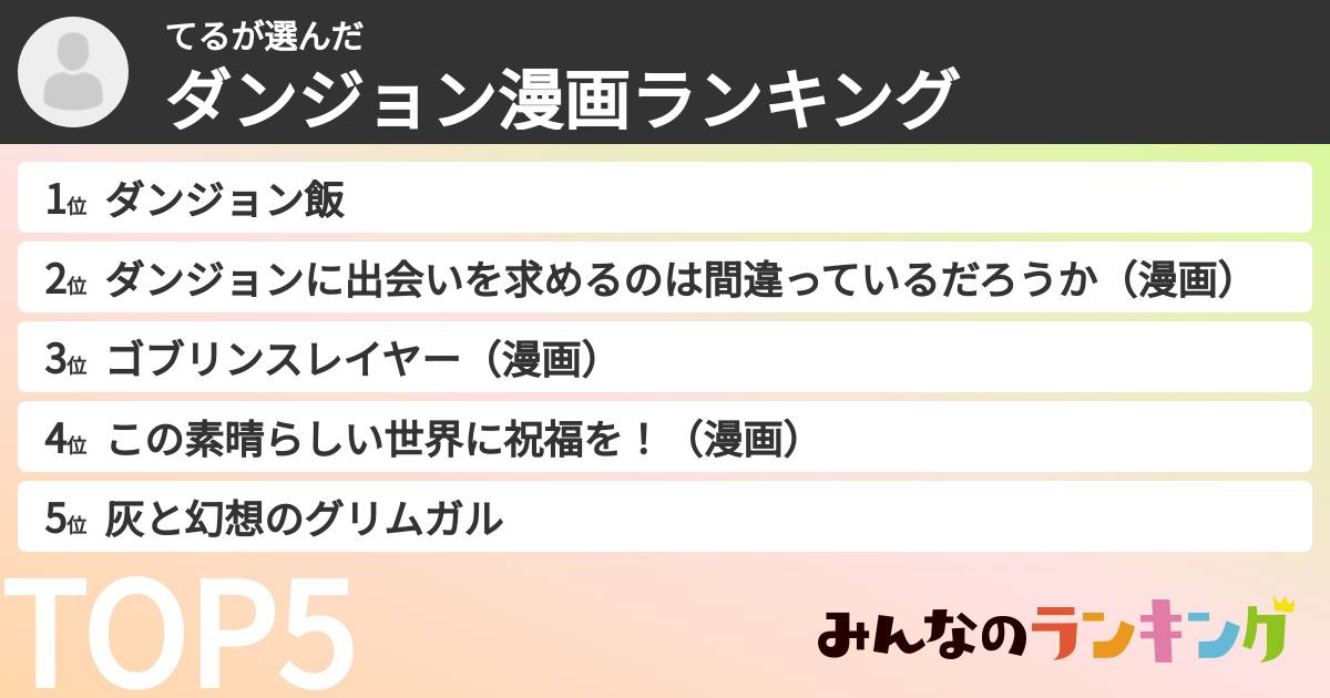 てるさんの「ダンジョン漫画ランキング」