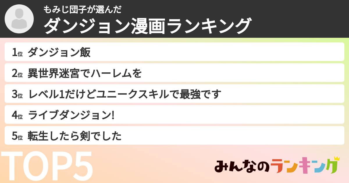 もみじ団子さんの「ダンジョン漫画ランキング」