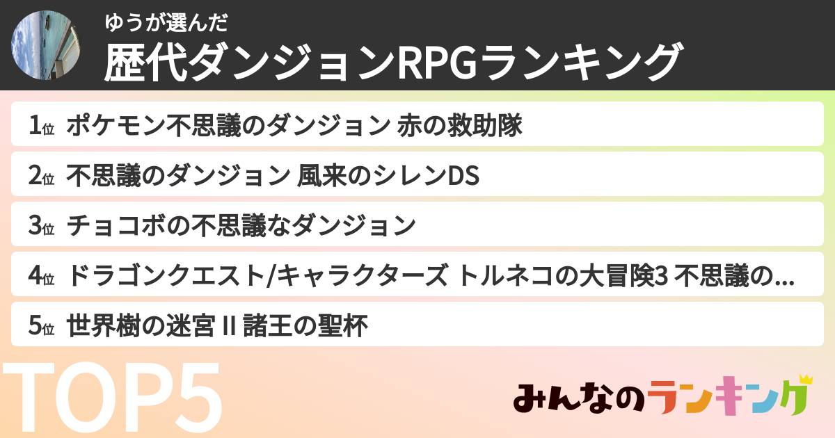 ゆうさんの「歴代ダンジョンRPGランキング」