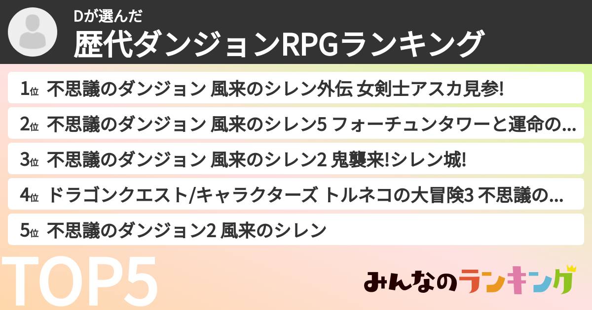 Dさんの「歴代ダンジョンRPGランキング」