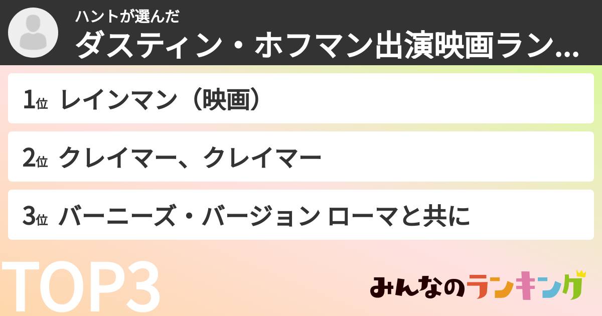 ハントさんの「ダスティン・ホフマン出演映画ランキング」