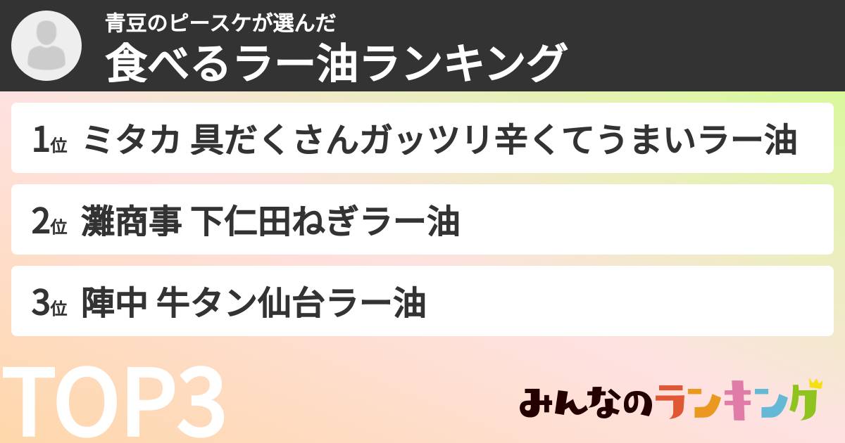 青豆のピースケさんの「食べるラー油ランキング」