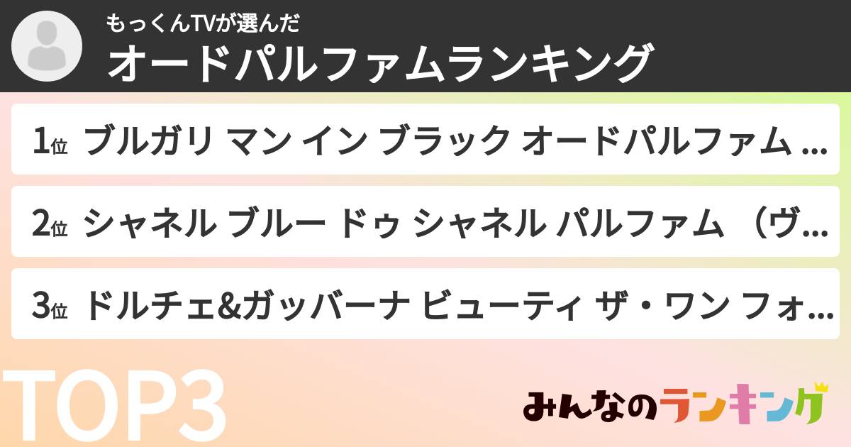もっくんTVさんの「オードパルファムランキング」