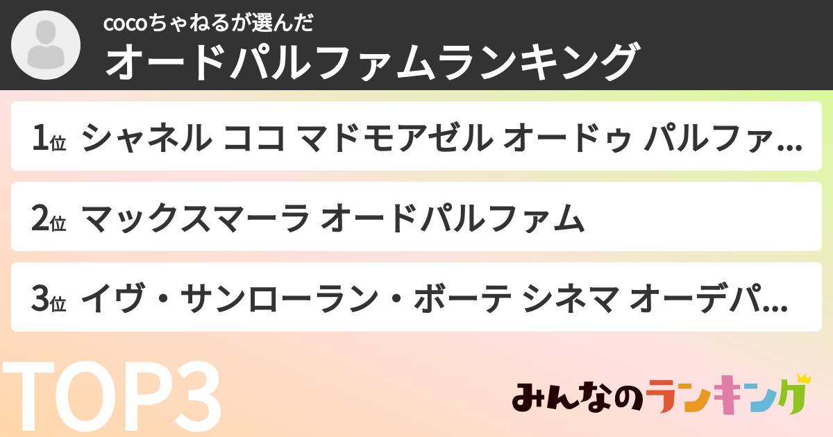 cocoちゃねるさんの「オードパルファムランキング」