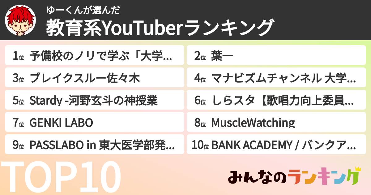 ゆーくんさんの「教育系YouTuberランキング」