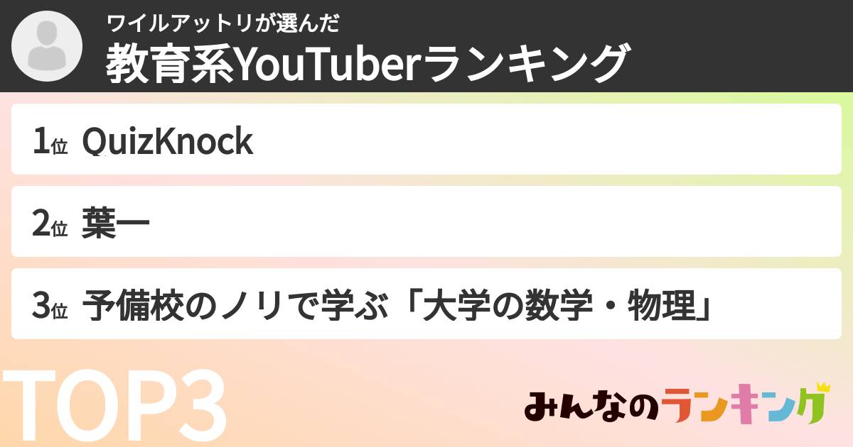 ワイルアットリさんの「教育系YouTuberランキング」