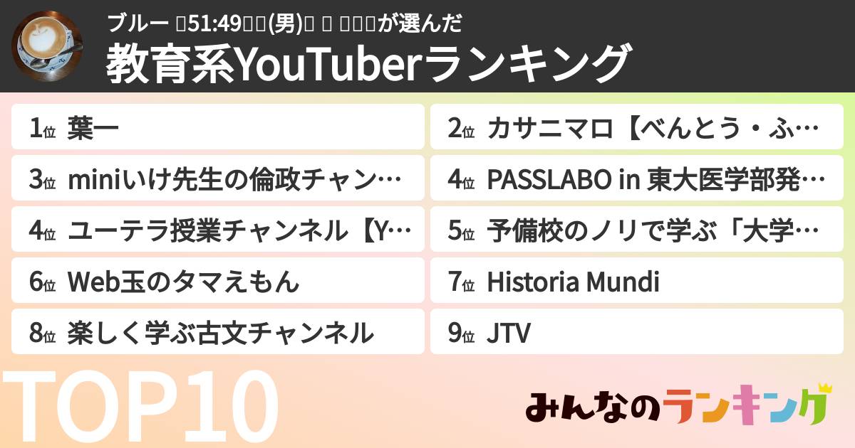 ブルー 🍀51:49💧💚(男)🌠 🍊 🌌🌱💫さんの「教育系YouTuberランキング」