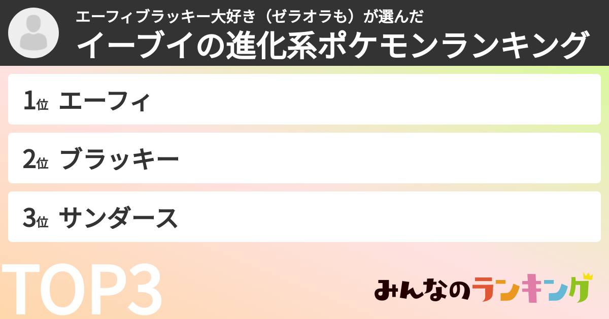 エーフィブラッキー大好き（ゼラオラも）さんの「イーブイの進化系ポケモンランキング」