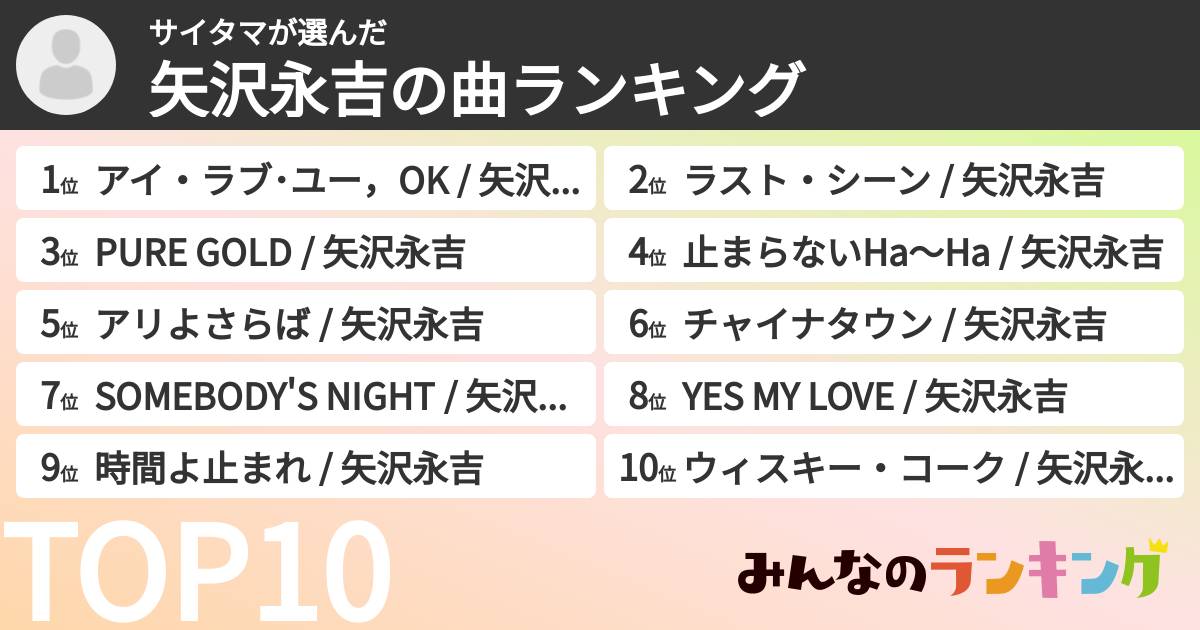 サイタマさんの「矢沢永吉の曲ランキング」