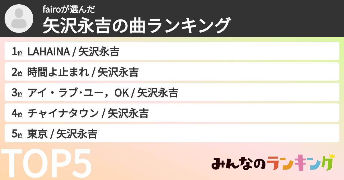 fairoさんの「矢沢永吉の曲ランキング」