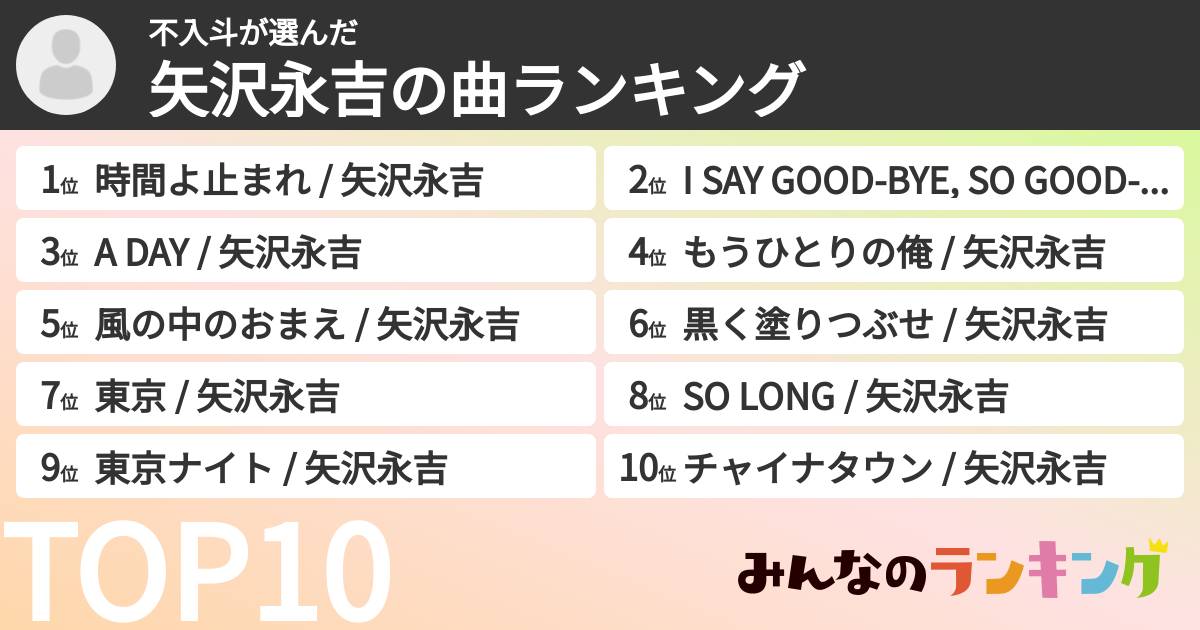不入斗さんの「矢沢永吉の曲ランキング」