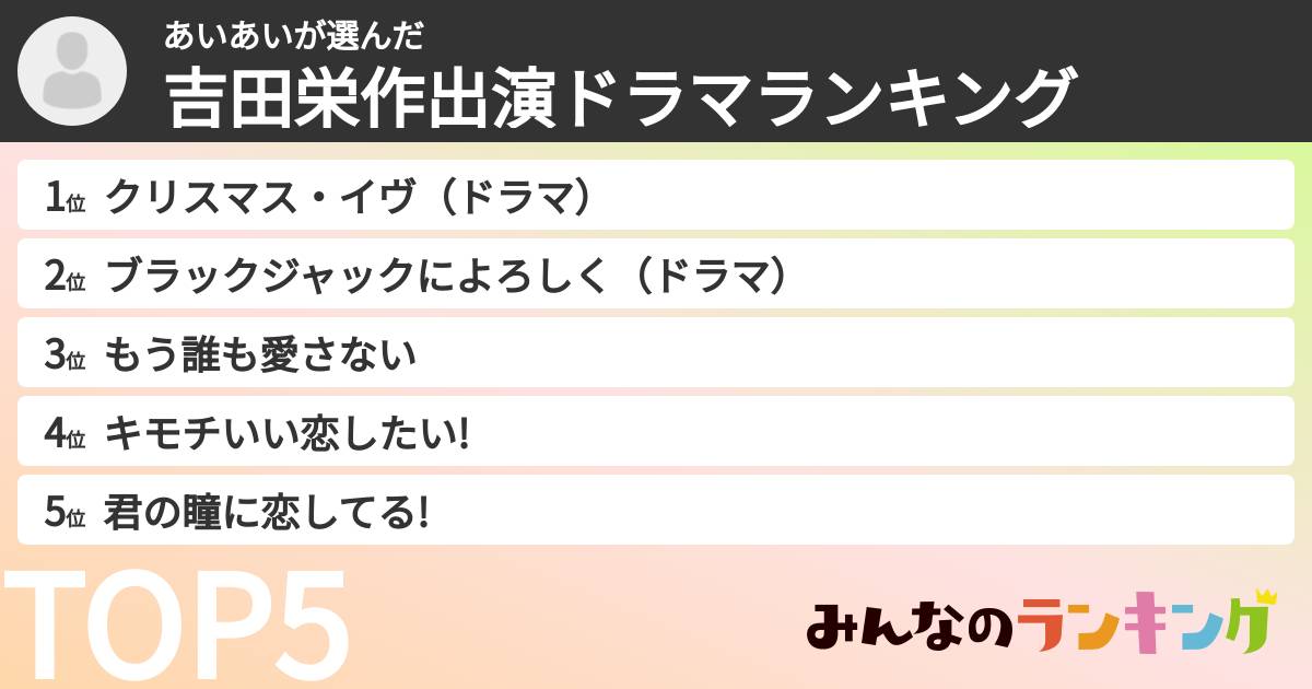 あいあいさんの「吉田栄作出演ドラマランキング」