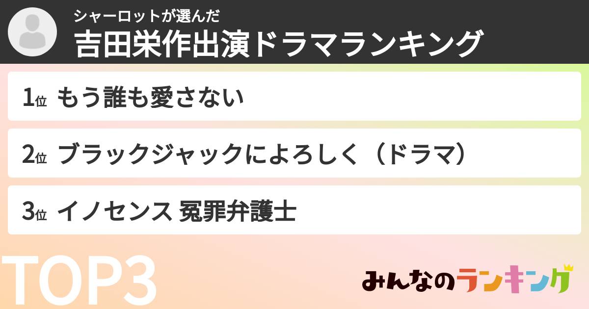 シャーロットさんの「吉田栄作出演ドラマランキング」