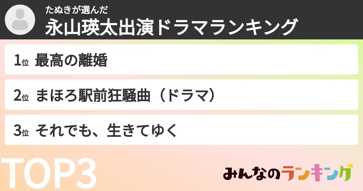 たぬきさんの「永山瑛太出演ドラマランキング」