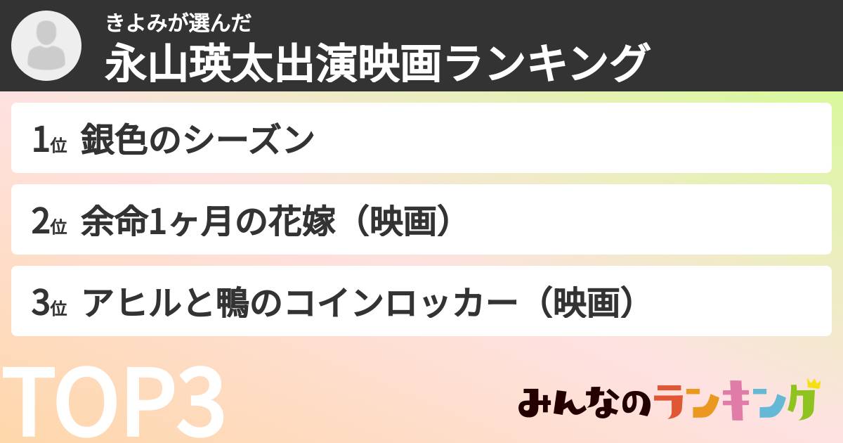 きよみさんの「永山瑛太出演映画ランキング」