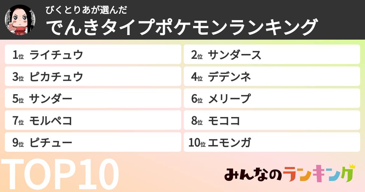 びくとりあさんの「でんきタイプポケモンランキング」