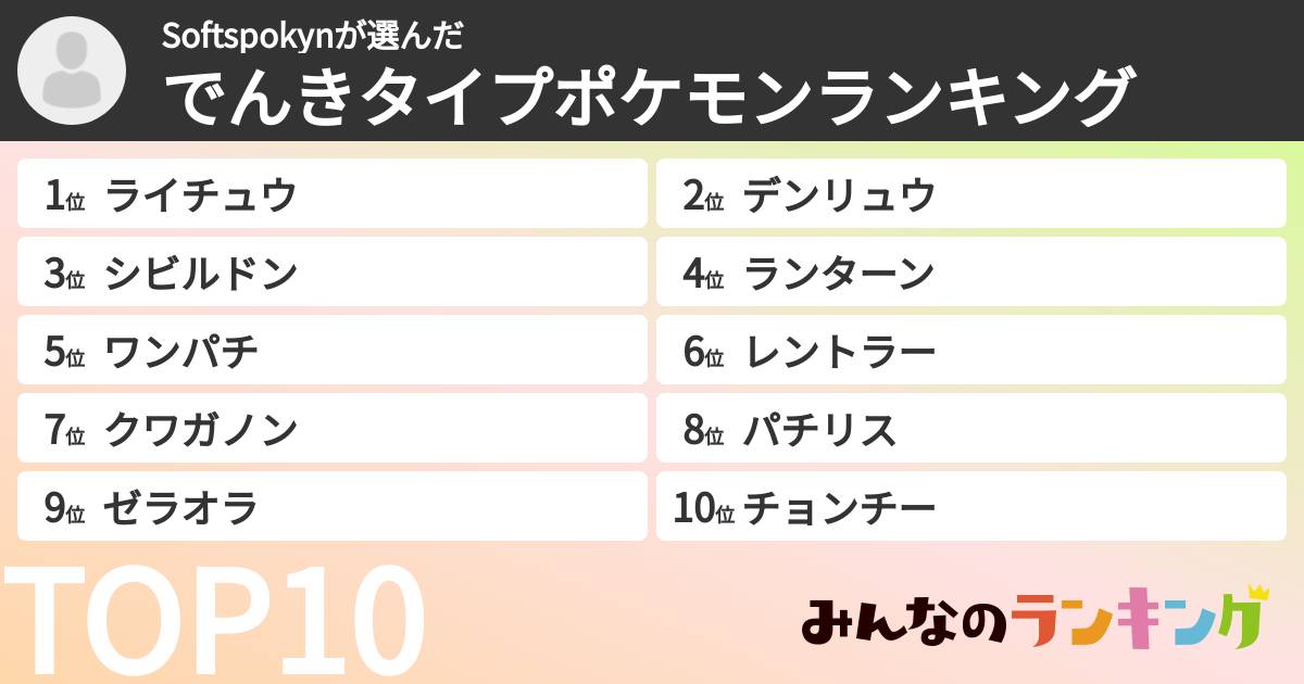 Softspokynさんの「でんきタイプポケモンランキング」