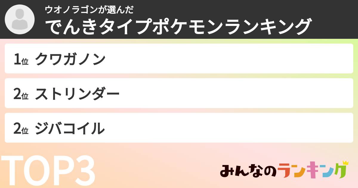 ウオノラゴンさんの「でんきタイプポケモンランキング」