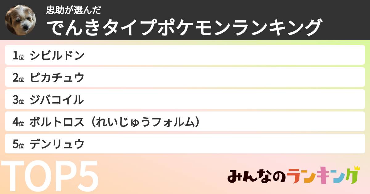 忠助さんの「でんきタイプポケモンランキング」