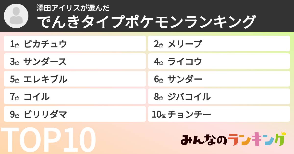 澤田アイリスさんの「でんきタイプポケモンランキング」