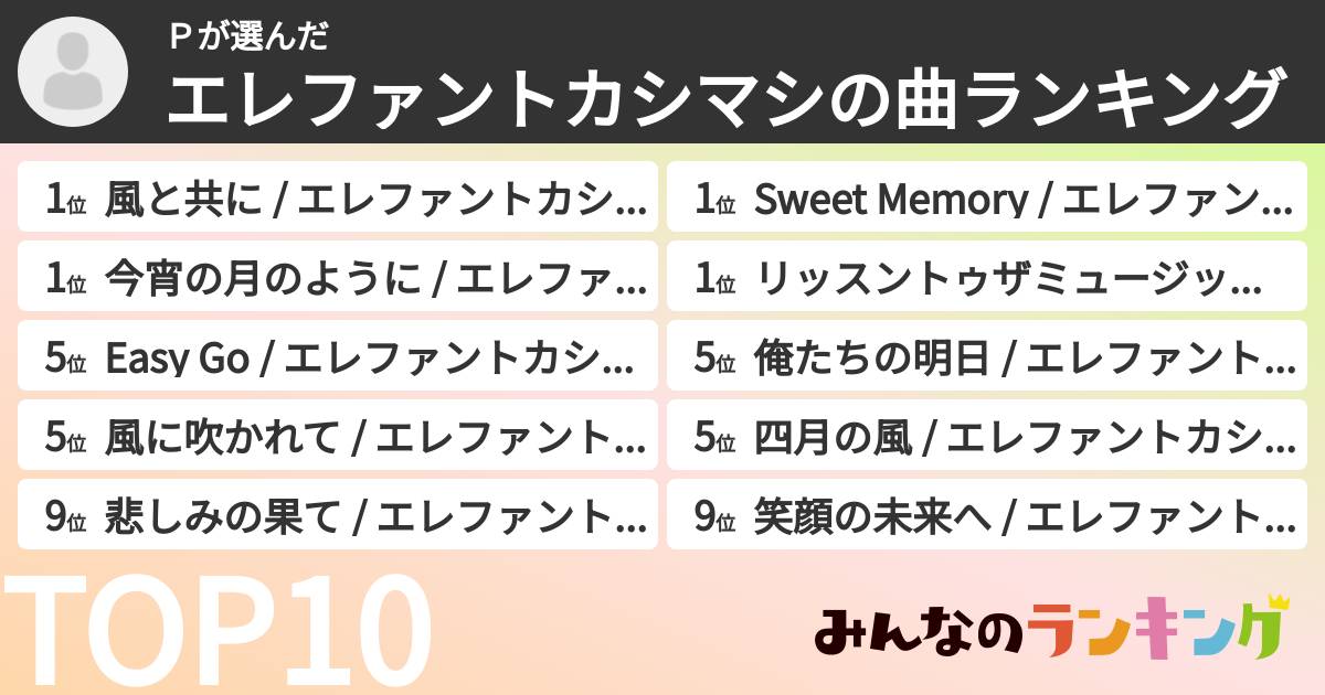 Pさんの「エレファントカシマシの曲ランキング」