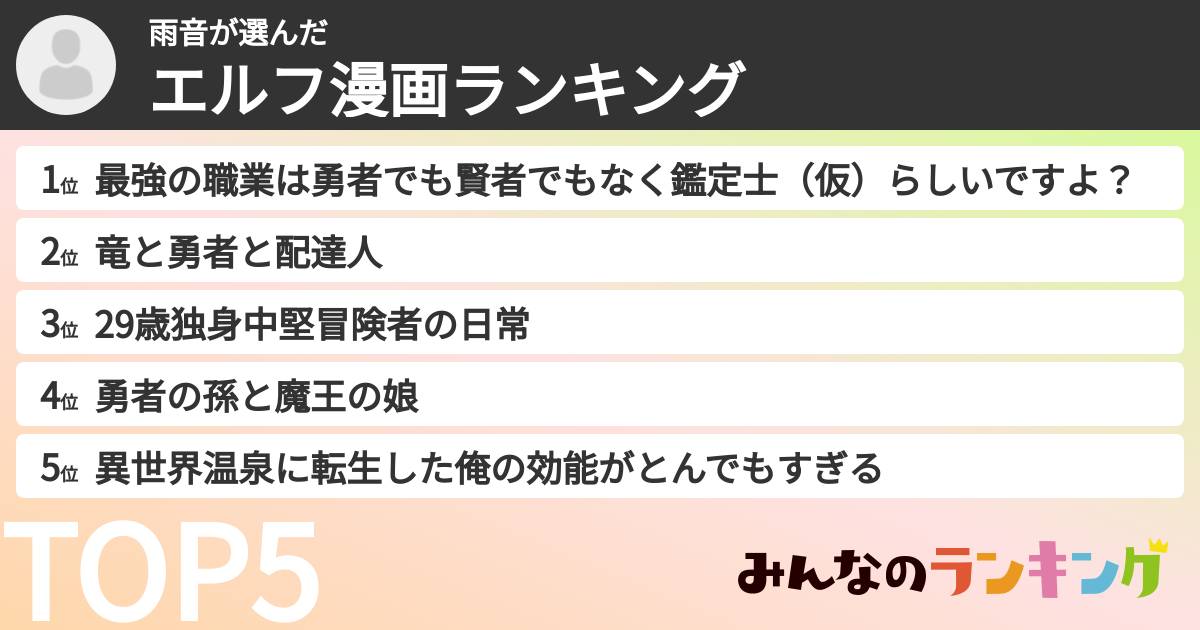 雨音さんの「エルフ漫画ランキング」