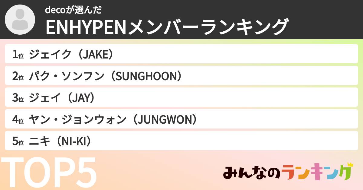 decoさんの「ENHYPENメンバーランキング」