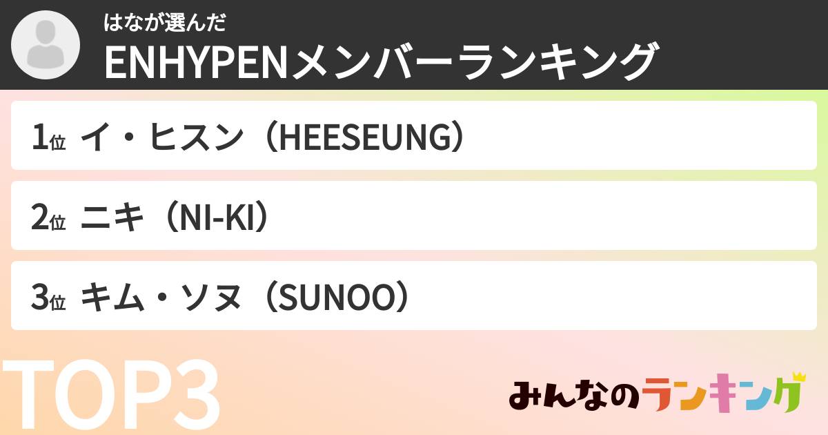 はなさんの「ENHYPENメンバーランキング」