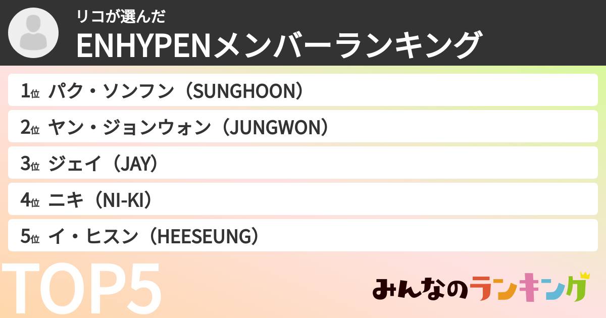 リコさんの「ENHYPENメンバーランキング」