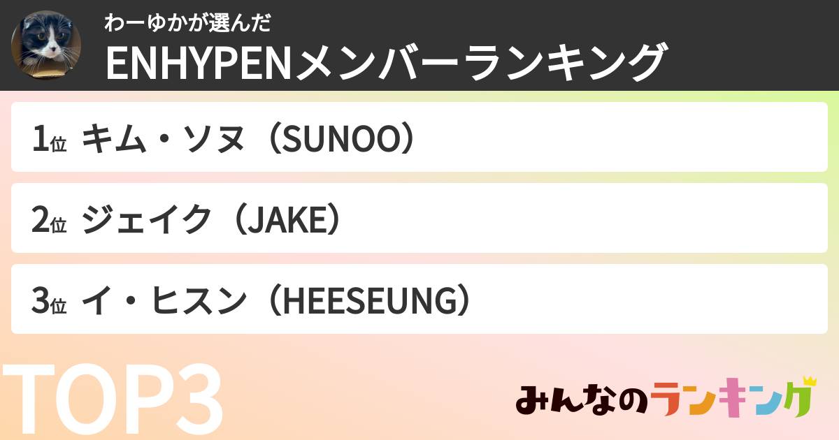 わーゆかさんの「ENHYPENメンバーランキング」