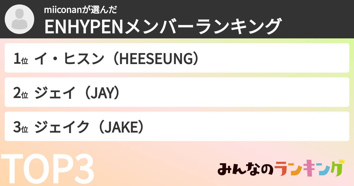 miiconanさんの「ENHYPENメンバーランキング」